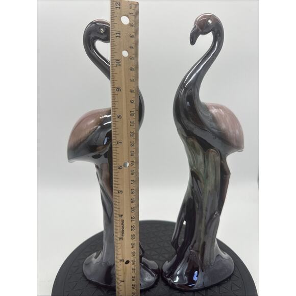 Pair Of Vintage MCM Redware Ceramic Flamingos Green Glaze - Picture 5 of 9